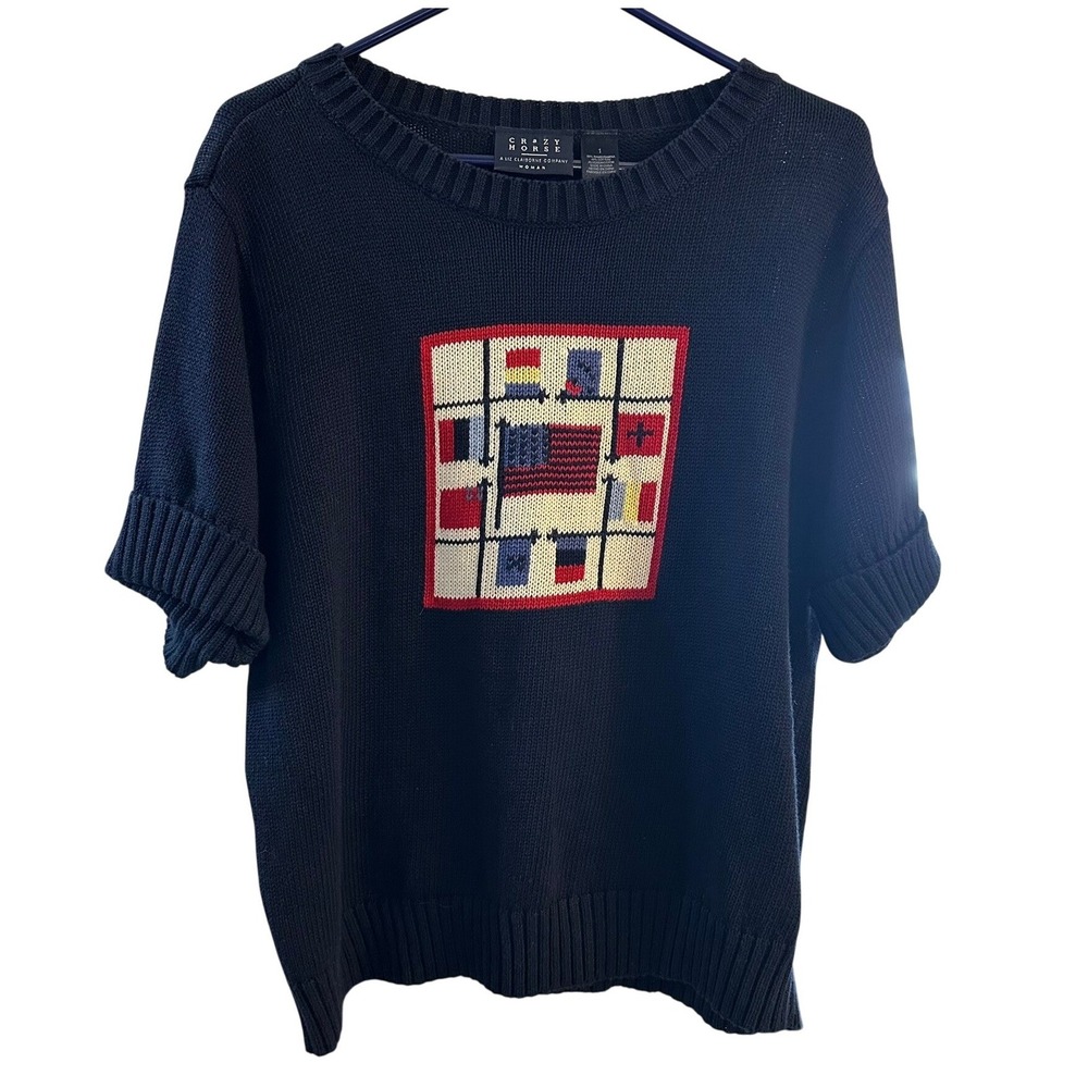 CRAZY‎ HORSE By Lize Claiborne Navy Blue S/S Sweater Flag Graphic XS/Small